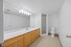 Bathroom with vanity, an enclosed shower, a textured ceiling, and toilet