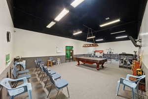 Playroom with carpet flooring and pool table