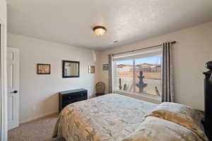 Bedroom featuring carpet floors and a textured ceiling