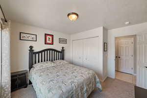 Bedroom featuring light colored carpet, a closet, and a textured ceiling