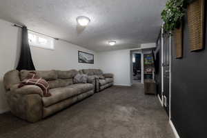 Living room featuring carpet and a textured ceiling