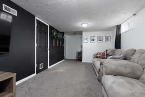 Carpeted living room featuring a textured ceiling