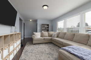 Living room with dark wood-type flooring