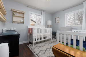 Bedroom featuring dark wood-type flooring