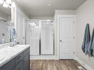 Bathroom with vanity, hardwood / wood-style flooring, and a shower with shower door