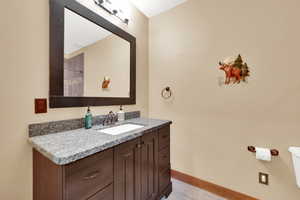 Bathroom featuring vanity, toilet, and wood-type flooring