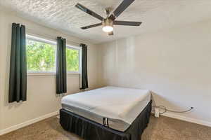 Carpeted bedroom with ceiling fan and a textured ceiling