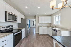 Kitchen with pendant lighting, sink, appliances with stainless steel finishes, white cabinetry, and light wood-type flooring