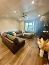 Abundant dining space behind couch