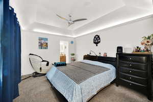 Carpeted bedroom with ceiling fan, ensuite bathroom, and a tray ceiling