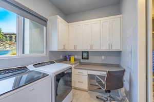 Laundry room with independent washer and dryer and cabinets