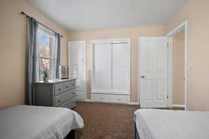 Bedroom featuring carpet floors and a closet