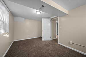 Basement with dark colored carpet and a textured ceiling