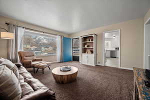 Living room with light carpet and a textured ceiling