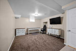 Interior space with a textured ceiling and carpet