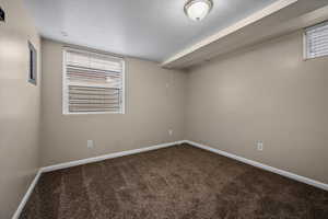 Carpeted empty room with a textured ceiling