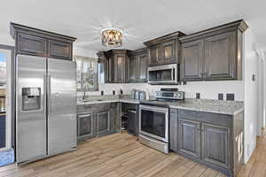 Kitchen featuring dark brown cabinetry, sink, light hardwood / wood-style floors, and appliances with stainless steel finishes