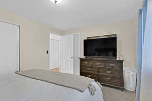 Carpeted bedroom with a textured ceiling