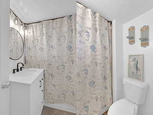 Bathroom with vanity, a shower with shower curtain, a textured ceiling, and toilet