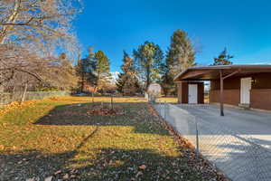 View of yard featuring a shed and a carport