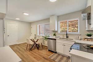 Kitchen with white cabinetry, stainless steel dishwasher, ventilation hood, and sink