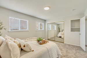 Carpeted bedroom featuring a closet