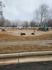 View of yard with a playground and a mountain view