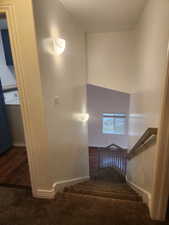 Staircase with a towering ceiling and carpet floors