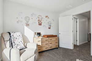 Living area featuring dark carpet