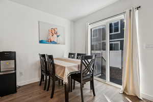 Dining area with wood-type flooring