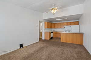 Kitchen with sink, ceiling fan, kitchen peninsula, dark carpet, and white appliances