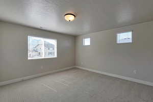 Carpeted spare room with a textured ceiling