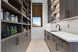 Kitchen with light wood-style flooring, modern cabinets, open shelves, and a sink