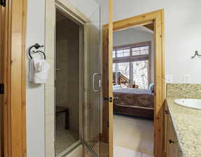 Bathroom featuring vanity, an enclosed shower, and vaulted ceiling