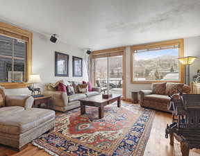 Living room with hardwood / wood-style flooring and a mountain view