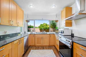 Kitchen featuring appliances with stainless steel finishes, dark hardwood / wood-style floors, sink, dark stone countertops, and wall chimney exhaust hood