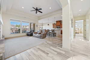 Living room featuring a tray ceiling, light hardwood / wood-style floors, and ceiling fan