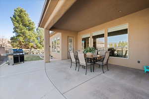 View of patio with area for grilling