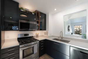 Kitchen with stainless steel appliances, light hardwood / wood-style floors, and sink