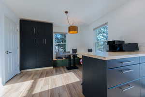 Office area with light hardwood / wood-style floors