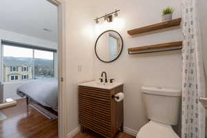 Bathroom with hardwood / wood-style flooring, vanity, and toilet