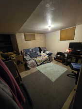 Living room featuring wooden walls, carpet, and a textured ceiling