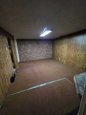 Basement with brick wall, carpet flooring, and wood walls