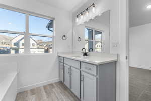 Bathroom featuring a healthy amount of sunlight, a mountain view, hardwood / wood-style floors, and vanity