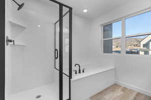 Bathroom with hardwood / wood-style flooring and plus walk in shower