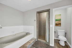 Bathroom featuring shower with separate bathtub, wood-type flooring, and toilet