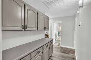 Kitchen featuring gray cabinets, light hardwood / wood-style floors, and a textured ceiling