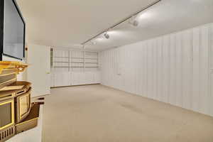 Basement with rail lighting, a textured ceiling, and carpet