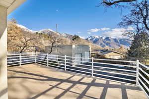 View of patio featuring a mountain view