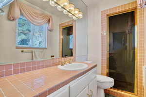 Bathroom featuring walk in shower, vanity, and toilet